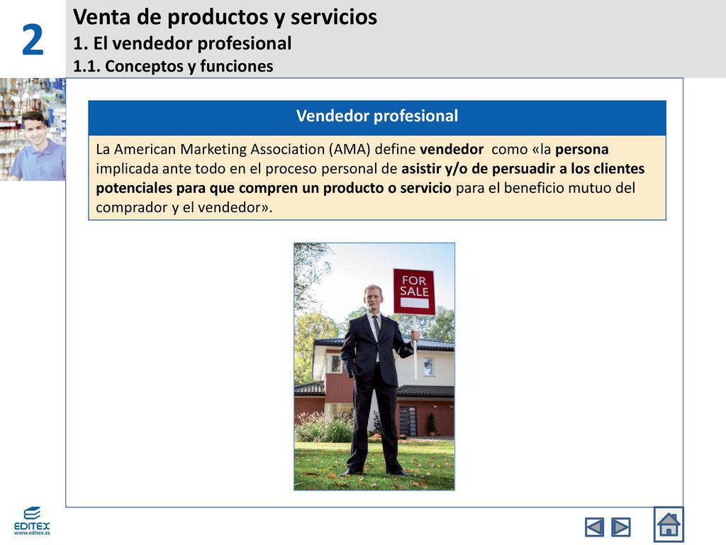 2 Venta de productos y servicios 1. El vendedor profesional 1.1. Conceptos y funciones. Vendedor profesional.