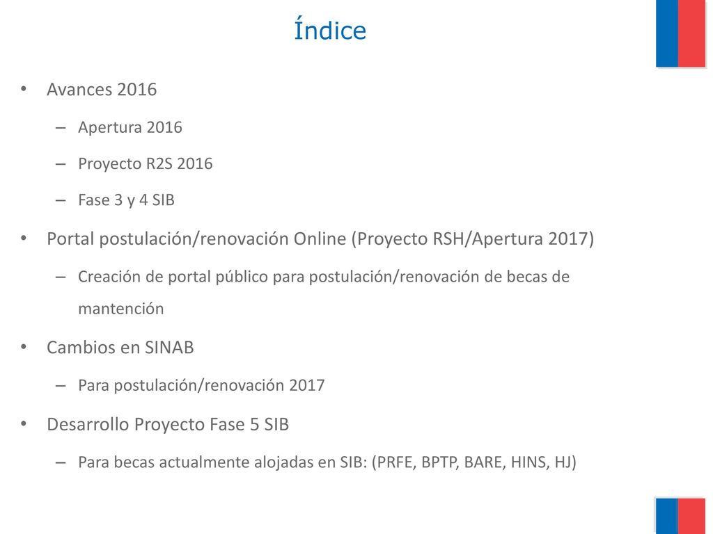 Índice Avances Apertura Proyecto R2S Fase 3 y 4 SIB. Portal postulación/renovación Online (Proyecto RSH/Apertura 2017)