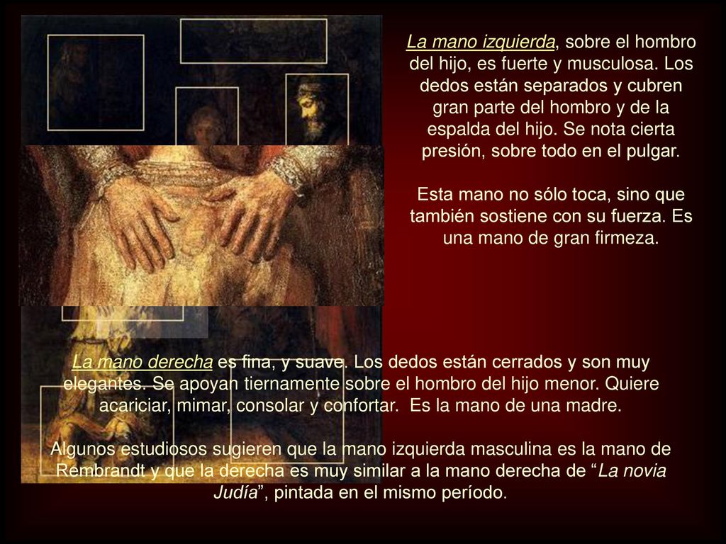 La mano izquierda, sobre el hombro del hijo, es fuerte y musculosa