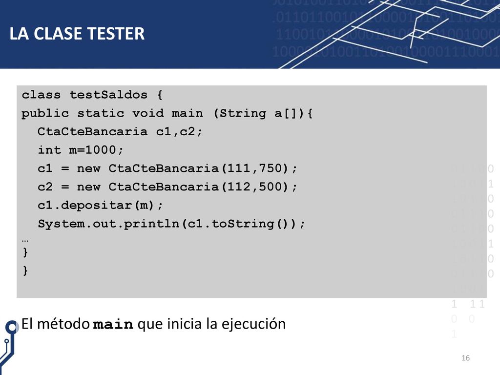 LA CLASE TESTER El método main que inicia la ejecución