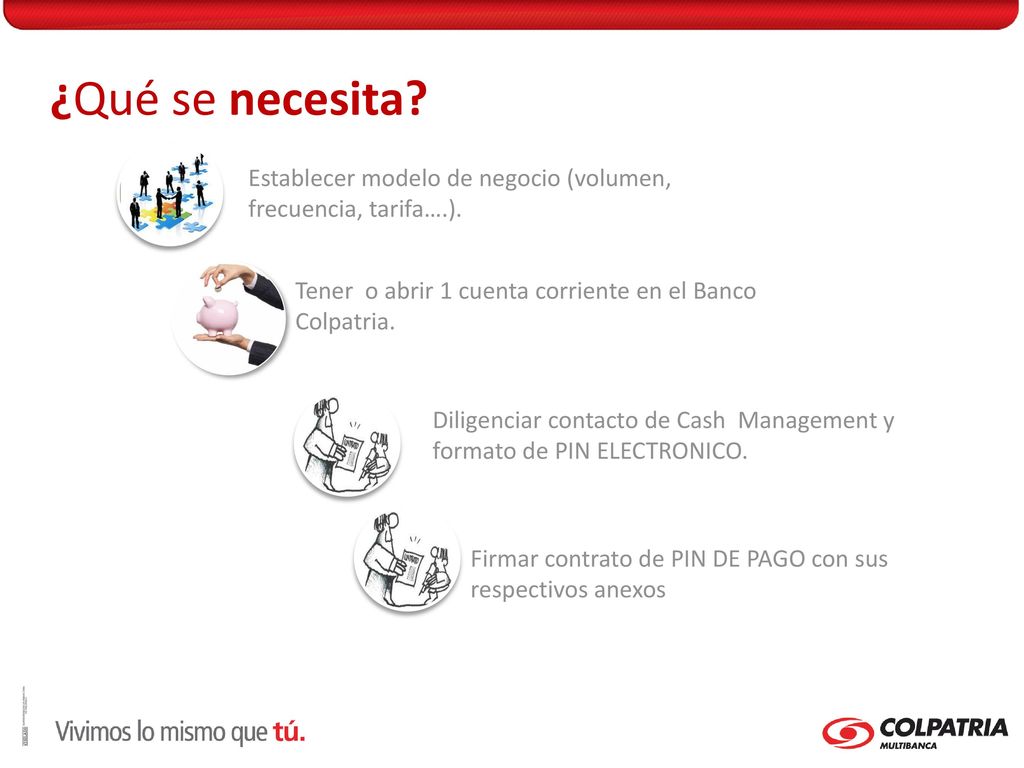 ¿Qué se necesita Establecer modelo de negocio (volumen, frecuencia, tarifa….). Tener o abrir 1 cuenta corriente en el Banco Colpatria.