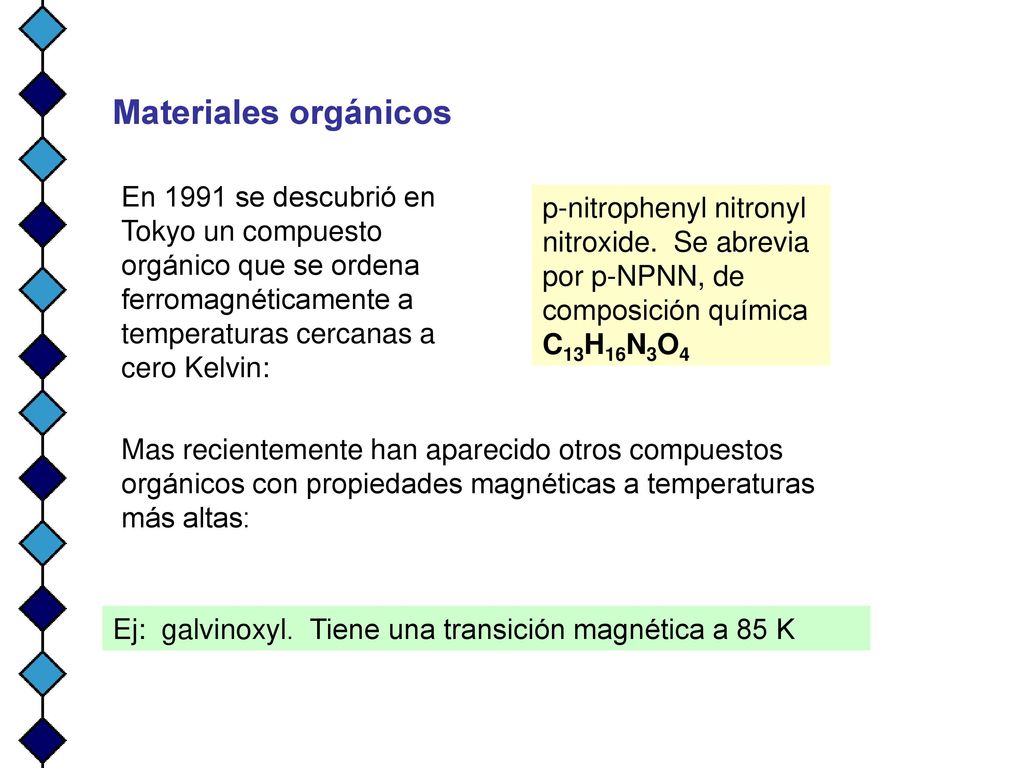 Materiales orgánicos En 1991 se descubrió en Tokyo un compuesto orgánico que se ordena ferromagnéticamente a temperaturas cercanas a cero Kelvin: