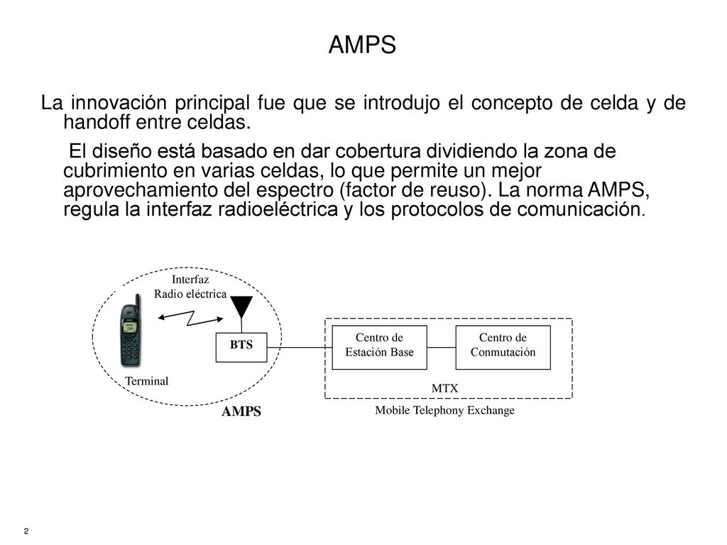 AMPS La innovación principal fue que se introdujo el concepto de celda y de handoff entre celdas.