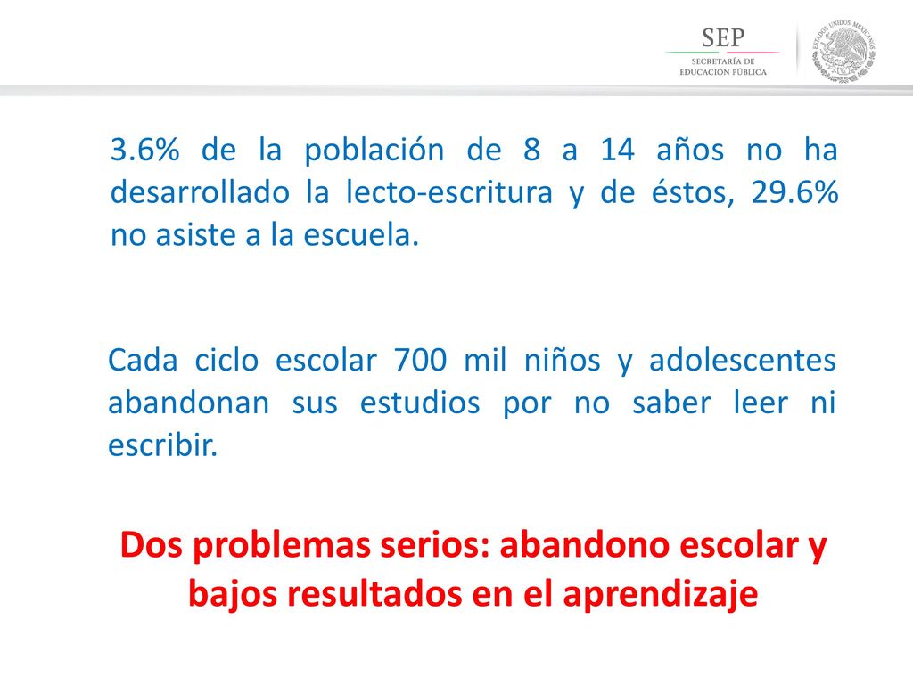 3.6% de la población de 8 a 14 años no ha desarrollado la lecto-escritura y de éstos, 29.6% no asiste a la escuela.