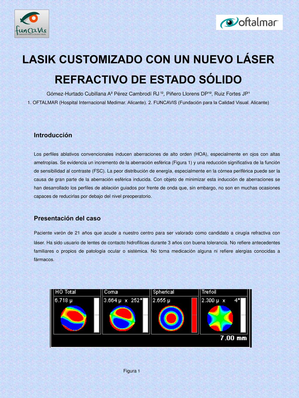 LASIK CUSTOMIZADO CON UN NUEVO LÁSER REFRACTIVO DE ESTADO SÓLIDO Gómez-Hurtado Cubillana A² Pérez Cambrodí RJ ¹², Piñero Llorens DP¹², Ruiz Fortes JP¹ 1. OFTALMAR (Hospital Internacional Medimar. Alicante). 2. FUNCAVIS (Fundación para la Calidad Visual. Alicante)
