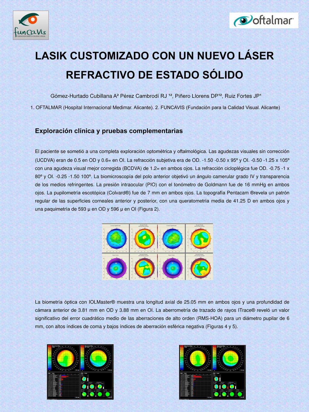 LASIK CUSTOMIZADO CON UN NUEVO LÁSER REFRACTIVO DE ESTADO SÓLIDO Gómez-Hurtado Cubillana A² Pérez Cambrodí RJ ¹², Piñero Llorens DP¹², Ruiz Fortes JP¹ 1. OFTALMAR (Hospital Internacional Medimar. Alicante). 2. FUNCAVIS (Fundación para la Calidad Visual. Alicante)