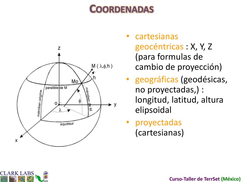 Coordenadas cartesianas geocéntricas : X, Y, Z (para formulas de cambio de proyección)