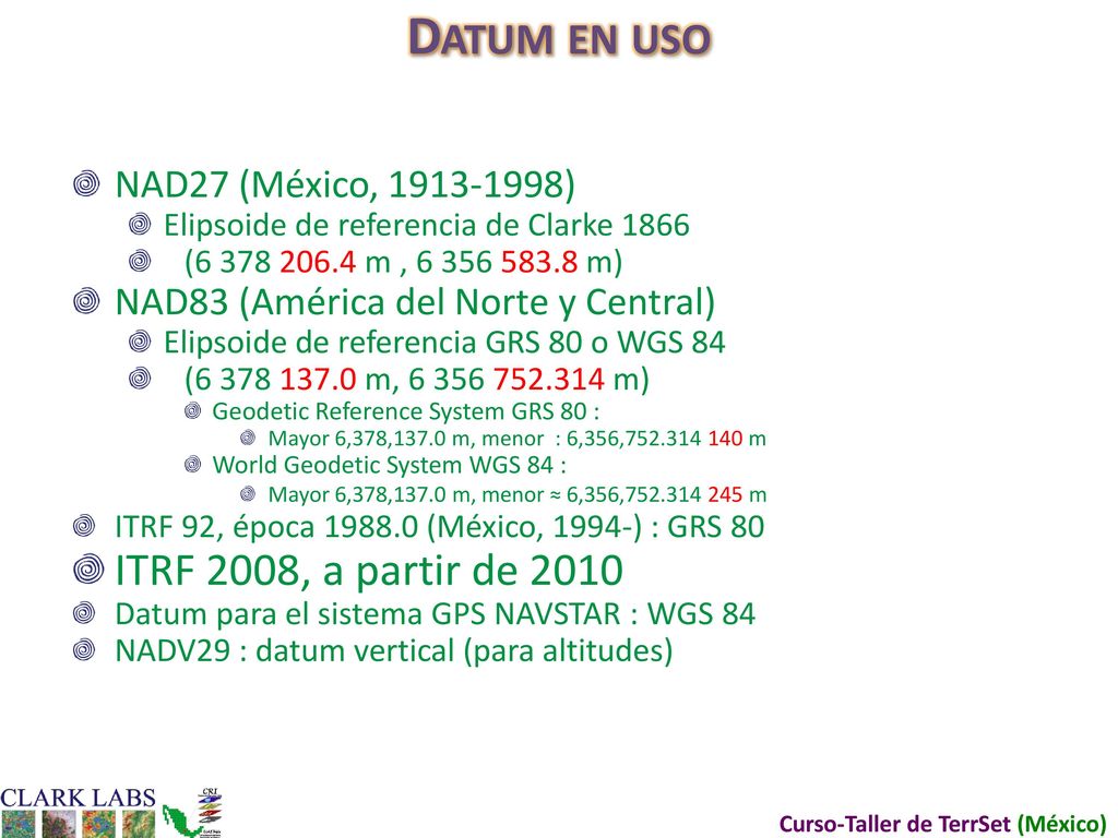 Datum en uso ITRF 2008, a partir de 2010 NAD27 (México, )
