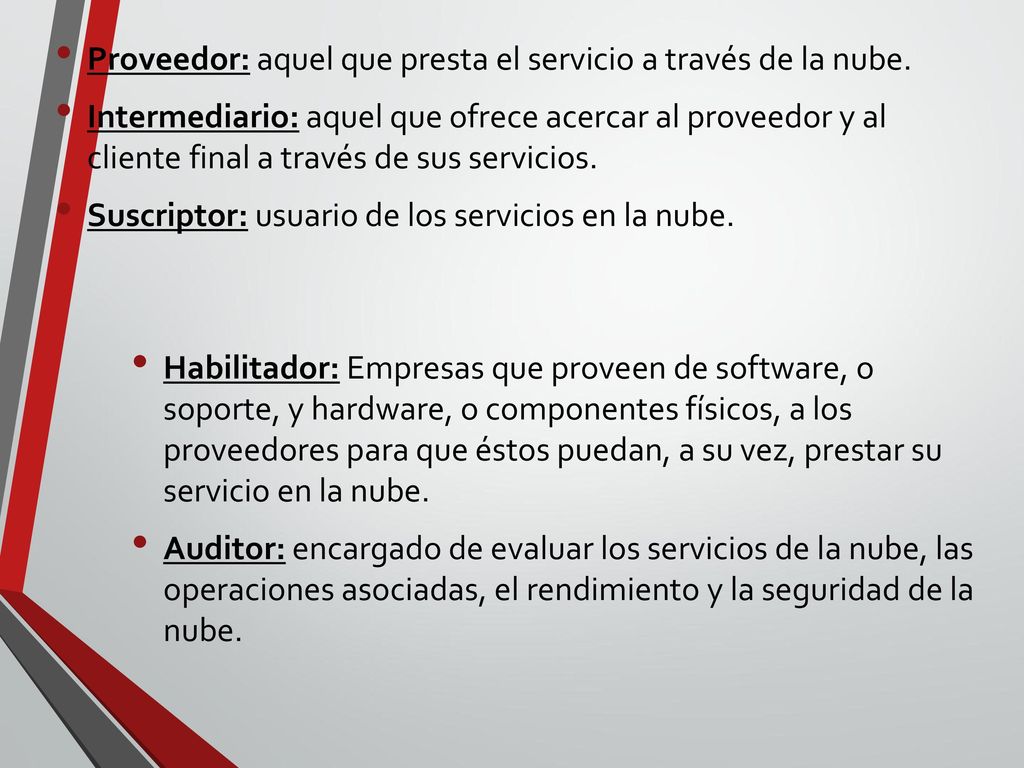 Proveedor: aquel que presta el servicio a través de la nube.