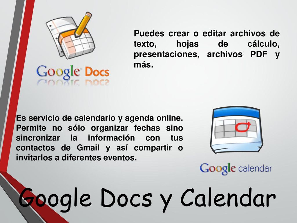 Puedes crear o editar archivos de texto, hojas de cálculo, presentaciones, archivos PDF y más.