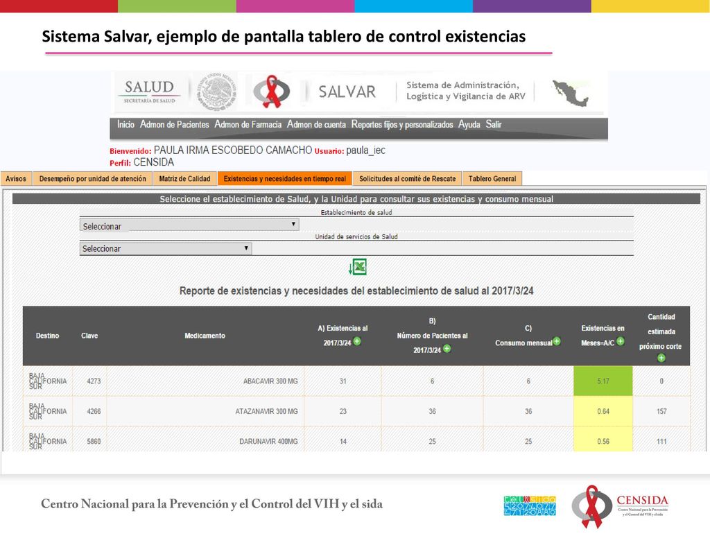 Sistema Salvar, ejemplo de pantalla tablero de control existencias