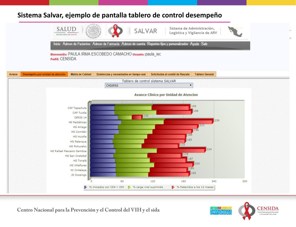 Sistema Salvar, ejemplo de pantalla tablero de control desempeño
