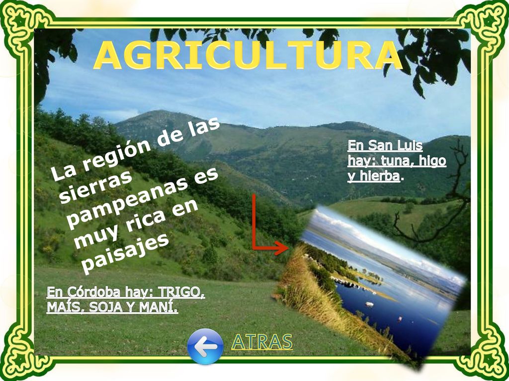 AGRICULTURA La región de las sierras pampeanas es muy rica en paisajes. En San Luis hay: tuna, higo y hierba.