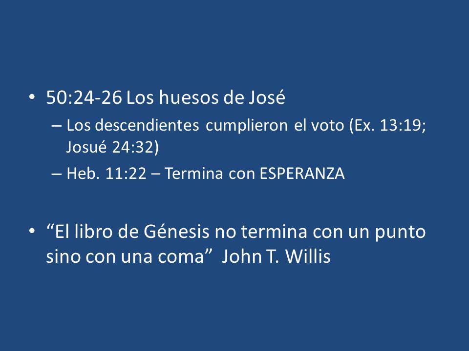 50:24-26 Los huesos de José Los descendientes cumplieron el voto (Ex. 13:19; Josué 24:32) Heb. 11:22 – Termina con ESPERANZA.