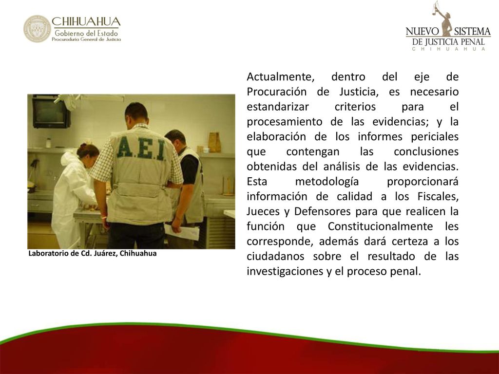 Actualmente, dentro del eje de Procuración de Justicia, es necesario estandarizar criterios para el procesamiento de las evidencias; y la elaboración de los informes periciales que contengan las conclusiones obtenidas del análisis de las evidencias. Esta metodología proporcionará información de calidad a los Fiscales, Jueces y Defensores para que realicen la función que Constitucionalmente les corresponde, además dará certeza a los ciudadanos sobre el resultado de las investigaciones y el proceso penal.