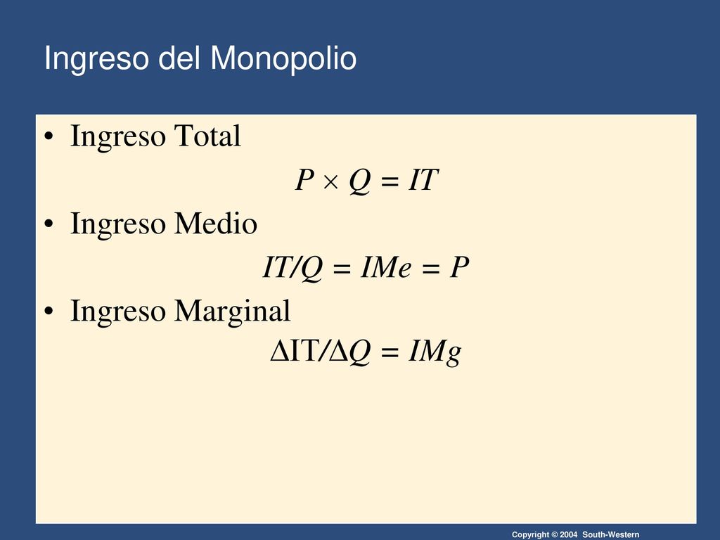 Ingreso del Monopolio Ingreso Total. P  Q = IT. Ingreso Medio. IT/Q = IMe = P. Ingreso Marginal.