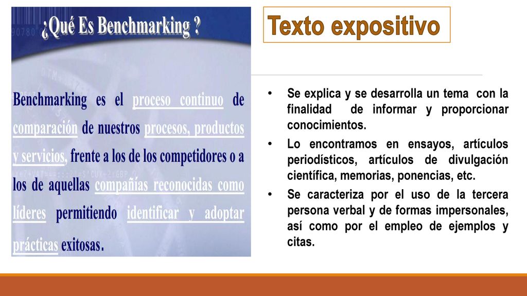 Texto expositivo Se explica y se desarrolla un tema con la finalidad de informar y proporcionar conocimientos.