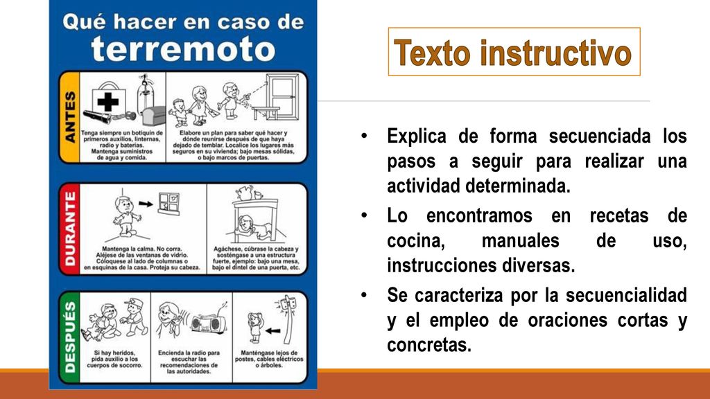 Texto instructivo Explica de forma secuenciada los pasos a seguir para realizar una actividad determinada.