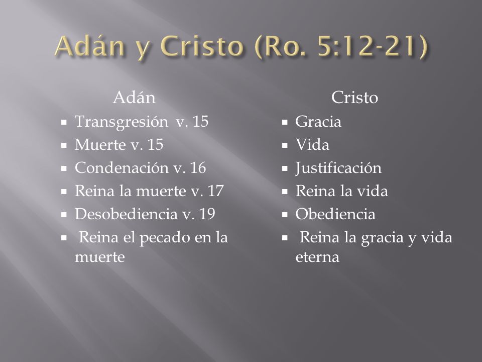 Adán y Cristo (Ro. 5:12-21) Adán Cristo Transgresión v. 15