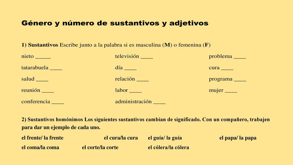 2) Sustantivos homónimos Los siguientes sustantivos cambian de significado. Con un compañero, trabajen para dar un ejemplo de cada uno.