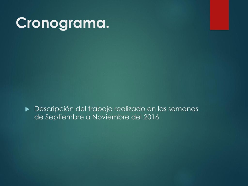 Cronograma. Descripción del trabajo realizado en las semanas de Septiembre a Noviembre del 2016