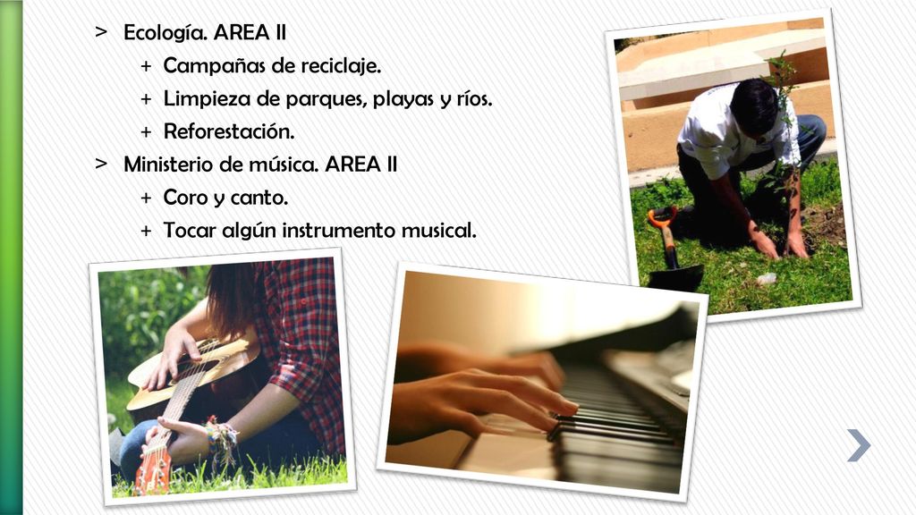 Ecología. AREA II Campañas de reciclaje. Limpieza de parques, playas y ríos. Reforestación. Ministerio de música. AREA II.