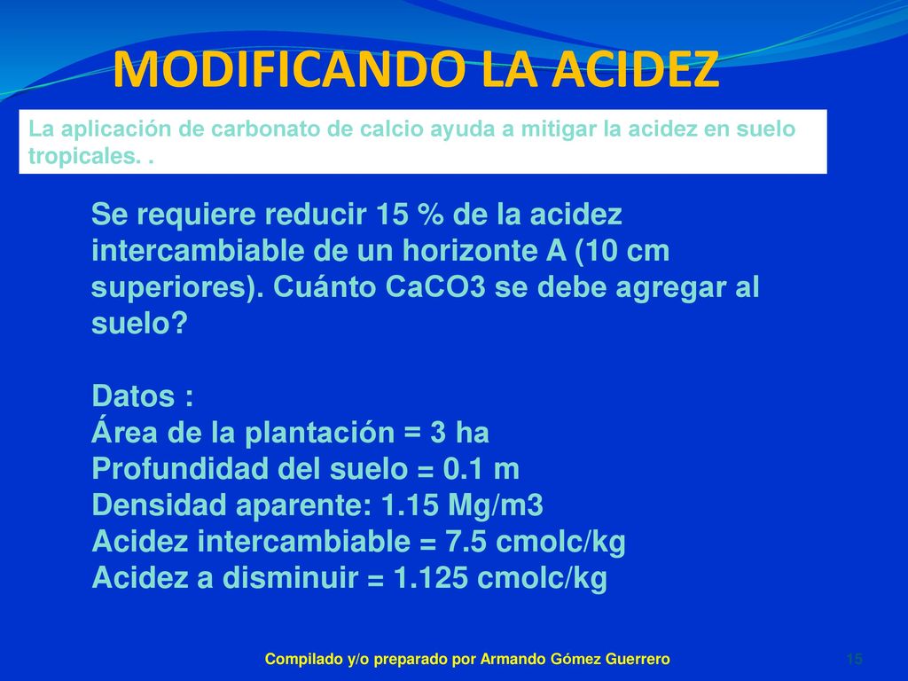 Modificando la acidez La aplicación de carbonato de calcio ayuda a mitigar la acidez en suelo tropicales. .