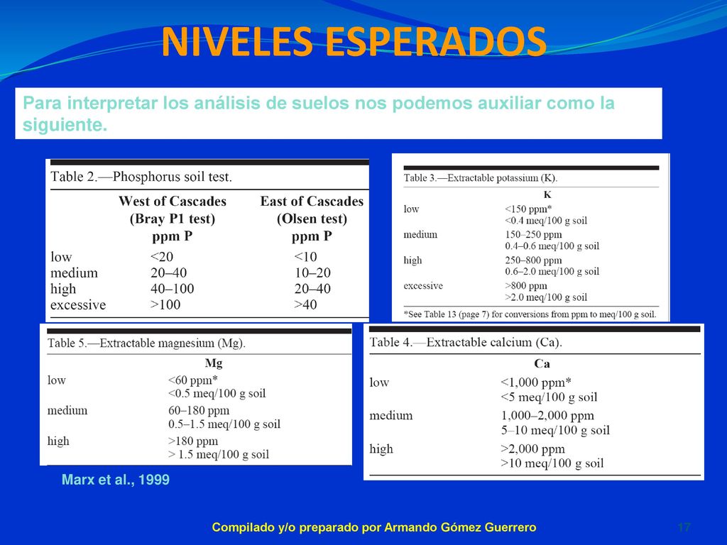 29-31 Oct-2009 NIVELES ESPERADOS. Para interpretar los análisis de suelos nos podemos auxiliar como la siguiente.