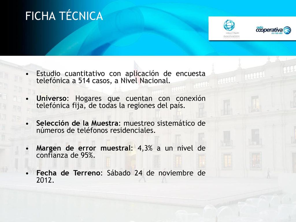 FICHA TÉCNICA Estudio cuantitativo con aplicación de encuesta telefónica a 514 casos, a Nivel Nacional.