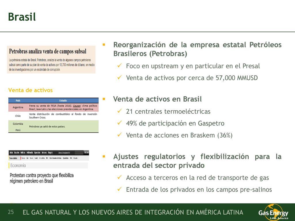 Brasil Reorganización de la empresa estatal Petróleos Brasileros (Petrobras) Foco en upstream y en particular en el Presal.