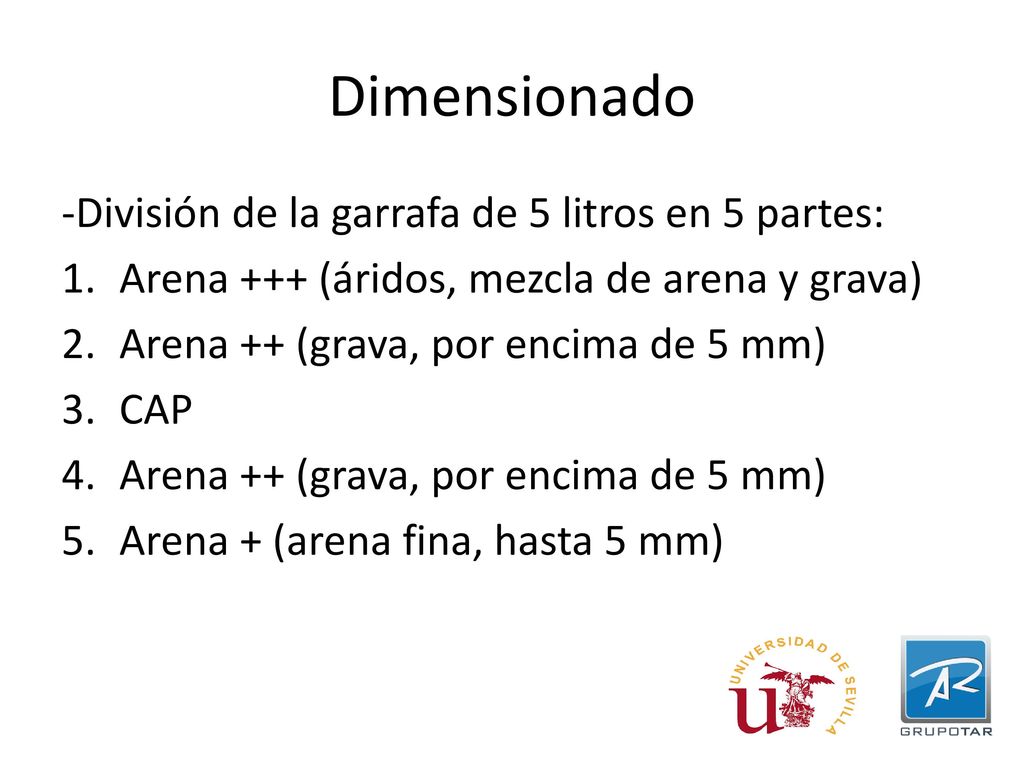 Dimensionado -División de la garrafa de 5 litros en 5 partes: