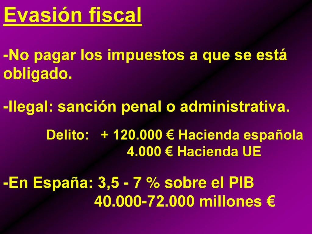 Evasión fiscal -No pagar los impuestos a que se está obligado.