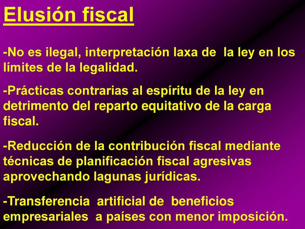 Elusión fiscal -No es ilegal, interpretación laxa de la ley en los límites de la legalidad.