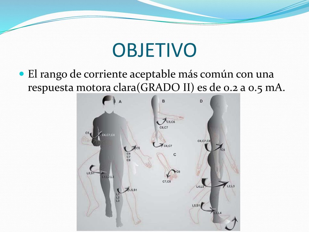 OBJETIVO El rango de corriente aceptable más común con una respuesta motora clara(GRADO II) es de 0.2 a 0.5 mA.