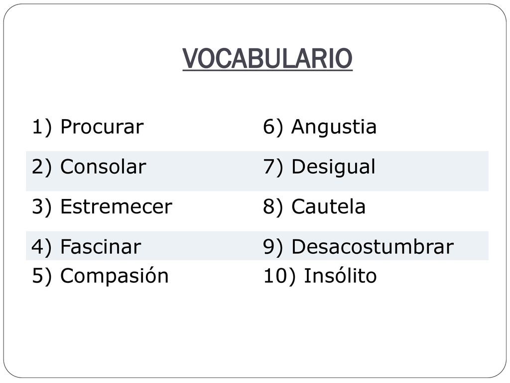 VOCABULARIO Procurar 6) Angustia 2) Consolar 7) Desigual 3) Estremecer