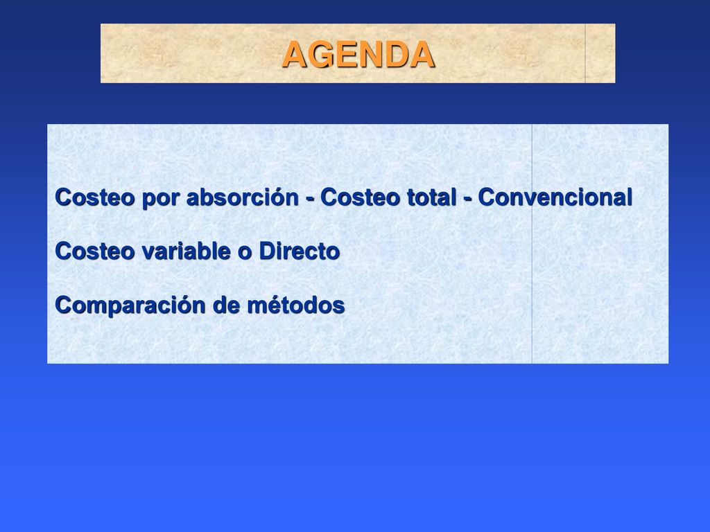 AGENDA Costeo por absorción - Costeo total - Convencional