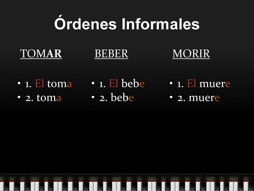 Órdenes Informales TOMAR 1. El toma 2. toma BEBER 1. El bebe 2. bebe