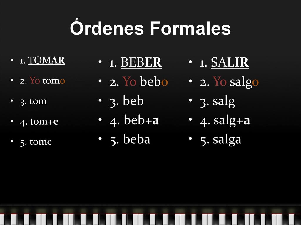 Órdenes Formales 1. BEBER 2. Yo bebo 3. beb 4. beb+a 5. beba 1. SALIR