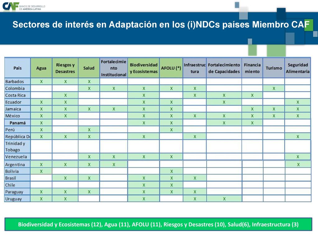 Sectores de interés en Adaptación en los (i)NDCs países Miembro CAF