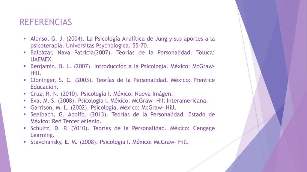 REFERENCIAS Alonso, G. J. (2004). La Psicología Analítica de Jung y sus aportes a la psicoterapia. Universitas Psychologica,