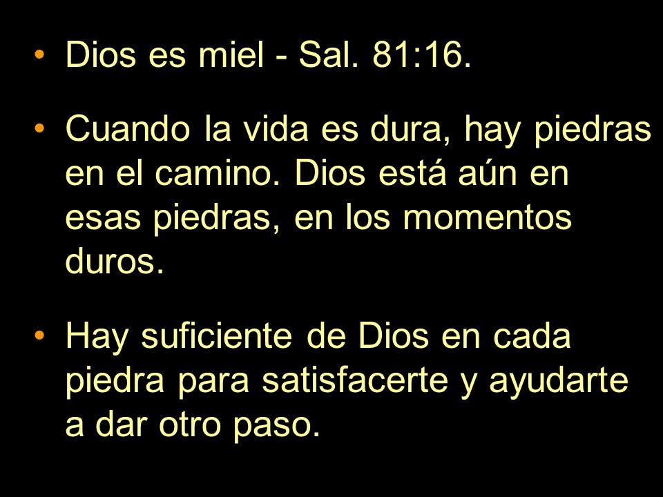 Dios es miel - Sal. 81:16. Cuando la vida es dura, hay piedras en el camino. Dios está aún en esas piedras, en los momentos duros.