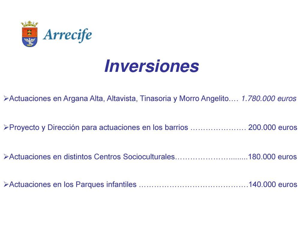 Inversiones Actuaciones en Argana Alta, Altavista, Tinasoria y Morro Angelito… euros.