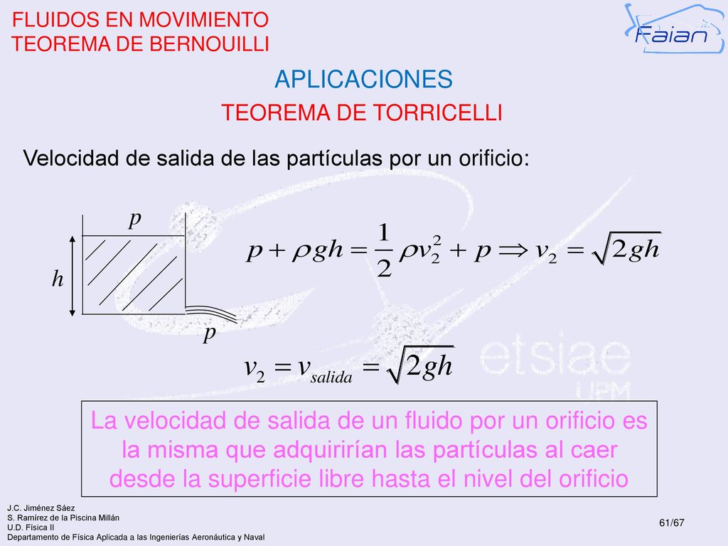 FLUIDOS EN MOVIMIENTO TEOREMA DE BERNOUILLI. APLICACIONES. TEOREMA DE TORRICELLI. Velocidad de salida de las partículas por un orificio: