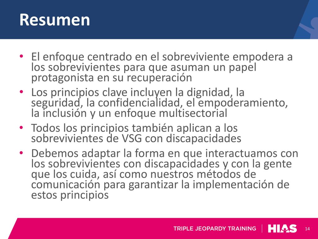 Resumen El enfoque centrado en el sobreviviente empodera a los sobrevivientes para que asuman un papel protagonista en su recuperación.