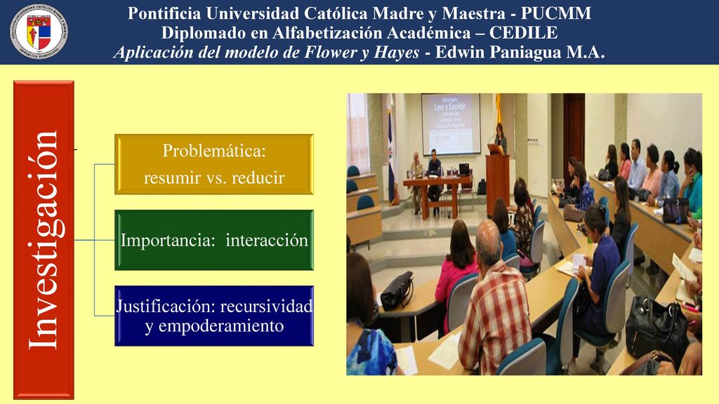Pontificia Universidad Católica Madre y Maestra - PUCMM Diplomado en Alfabetización Académica – CEDILE Aplicación del modelo de Flower y Hayes - Edwin Paniagua M.A.