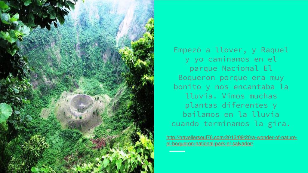 Empezó a llover, y Raquel y yo caminamos en el parque Nacional El Boqueron porque era muy bonito y nos encantaba la lluvia. Vimos muchas plantas diferentes y bailamos en la lluvia cuando terminamos la gira.