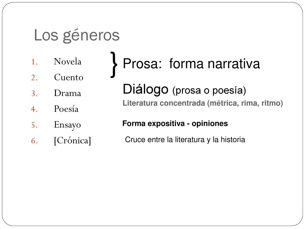 } Los géneros Prosa: forma narrativa Diálogo (prosa o poesía)