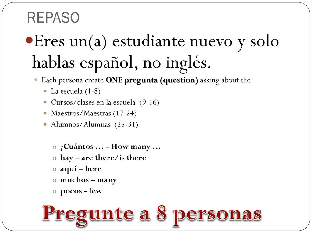 REPASO Eres un(a) estudiante nuevo y solo hablas español, no inglés. Each persona create ONE pregunta (question) asking about the.