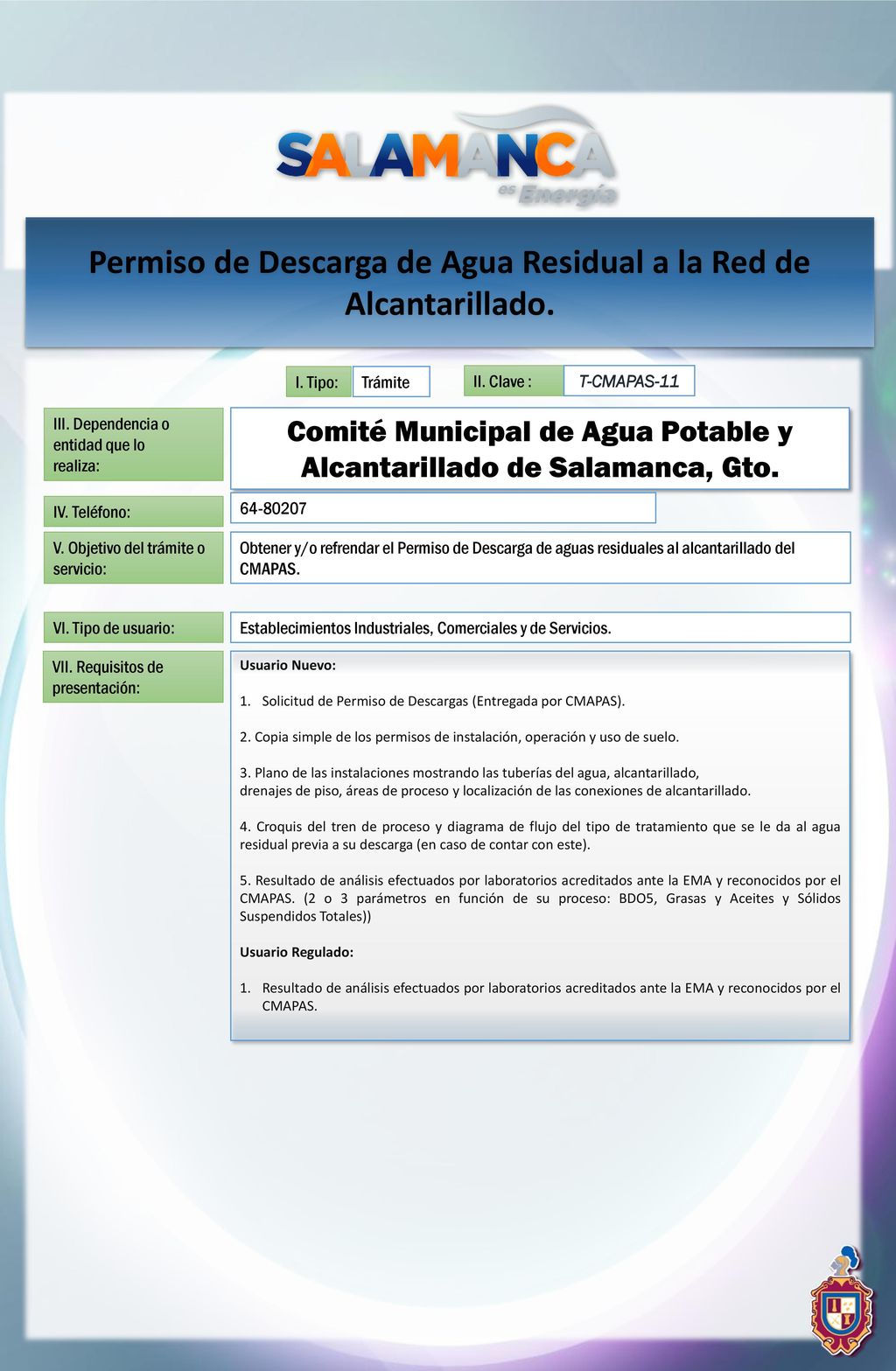 Permiso de Descarga de Agua Residual a la Red de Alcantarillado.