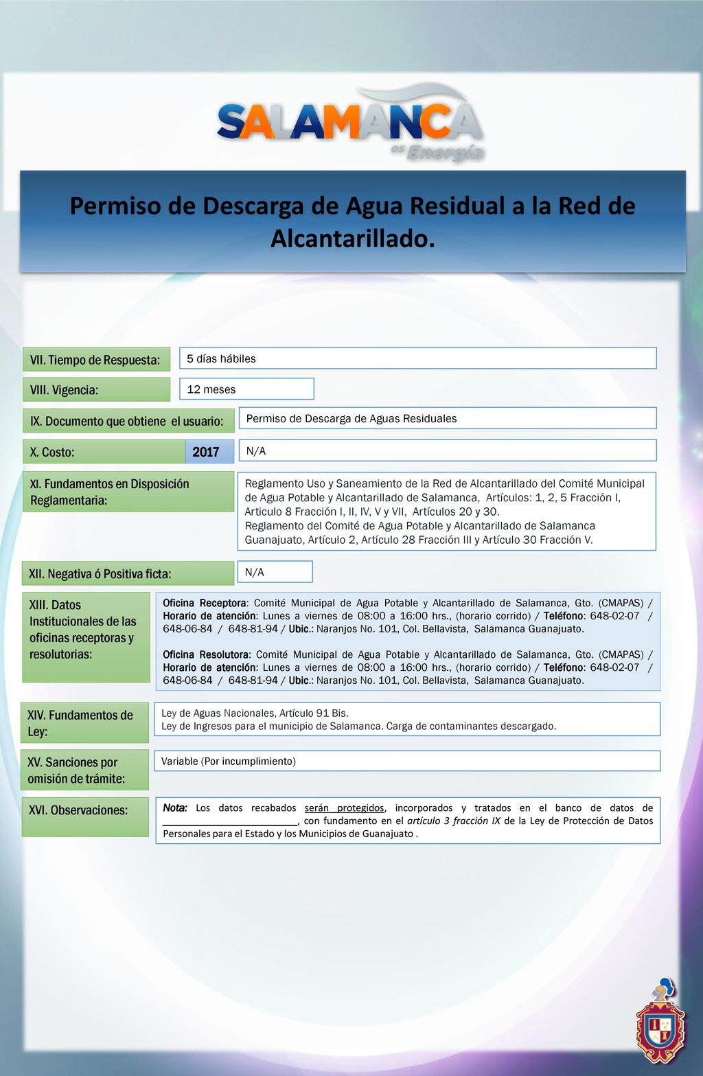 Permiso de Descarga de Agua Residual a la Red de Alcantarillado.